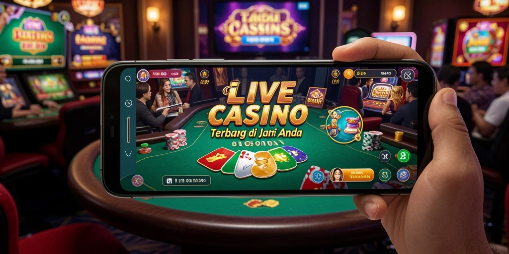 Screenshot gameplay menunjukkan dealer dan meja permainan Live Casino yang menarik.