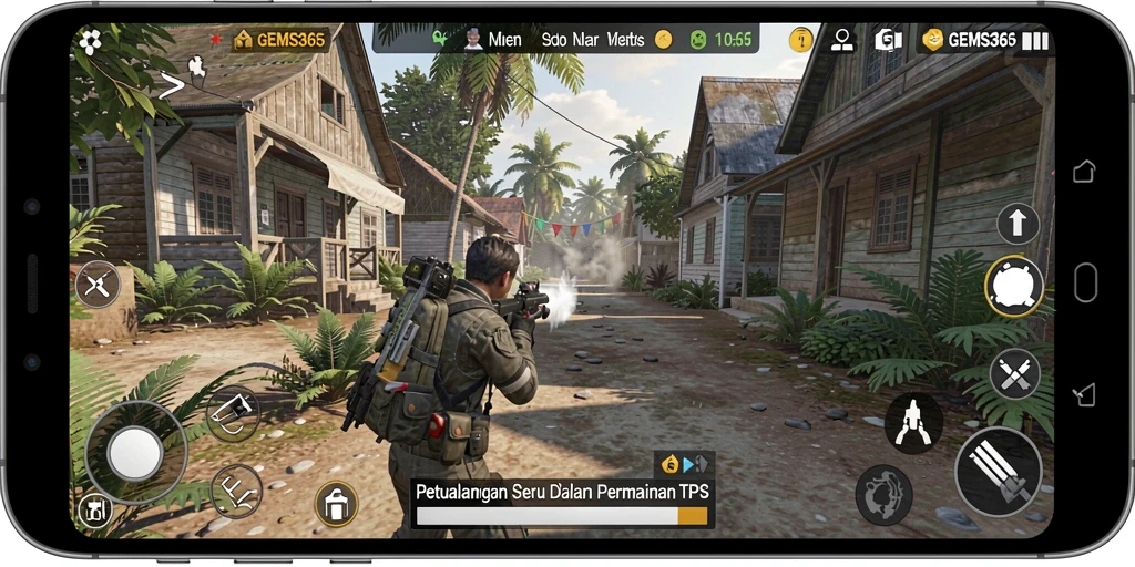 Screenshot gameplay GEMS365 yang menunjukkan aksi seru dalam TPS.