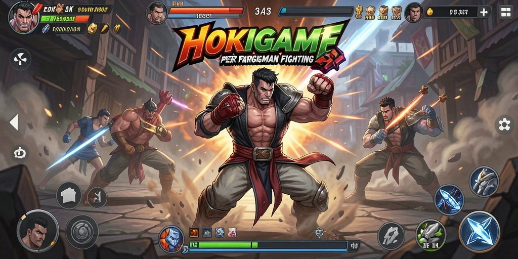 Gameplay HOKIGAME menampilkan pertarungan seru dan karakter yang beragam.