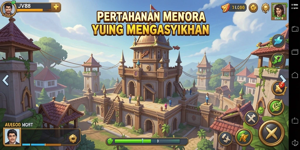 Tangkapan layar utama menampilkan aksi pertahanan menara yang intens.