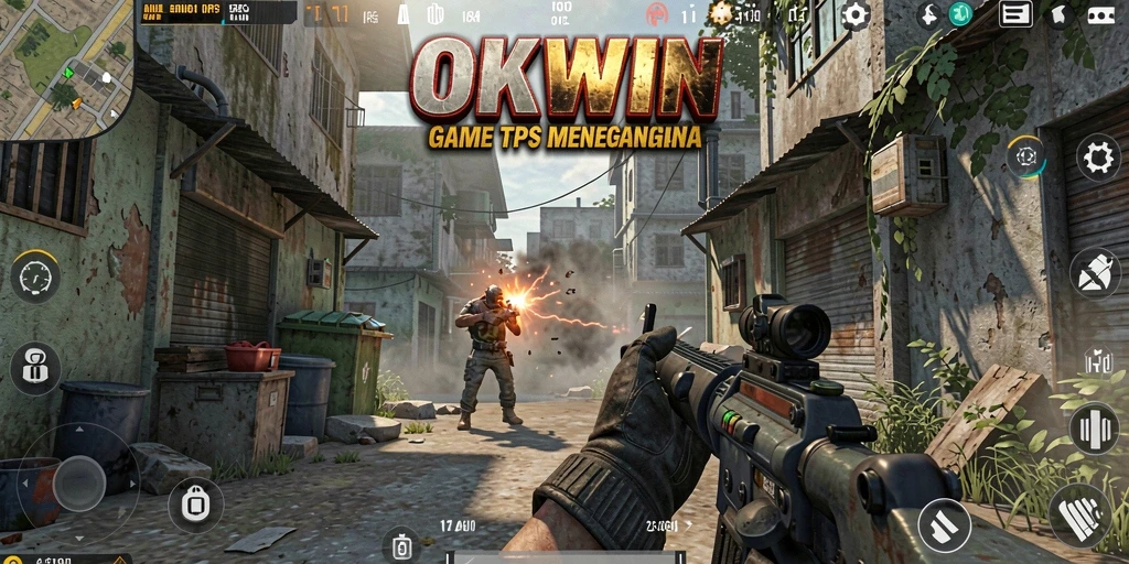 Screenshot utama menampilkan aksi seru dalam game TPS OKWIN.