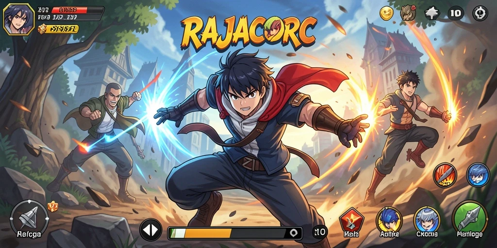 Screenshot utama RAJACORC menampilkan action gameplay yang seru dan penuh warna.