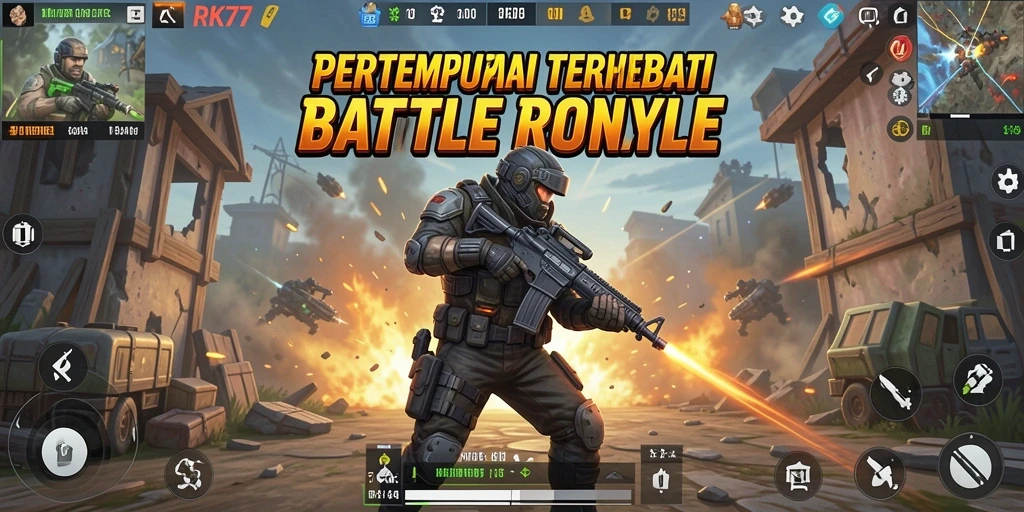 Tampilan gameplay seru di RK77 menampilkan aksi Battle Royale yang intens.