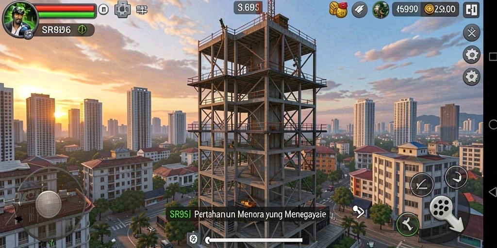 Screenshot menampilkan menara siap tempur menghadapi gelombang musuh di SR996.