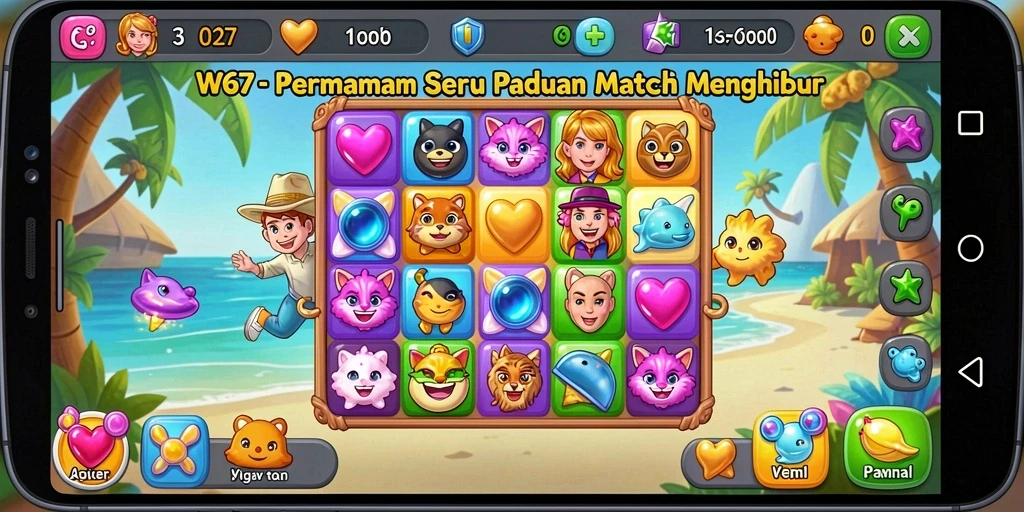 Screenshot W67 menampilkan gameplay seru Match-3 dengan elemen berwarna.